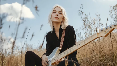 Blonde guitarist sits in dry field under clear blue sky