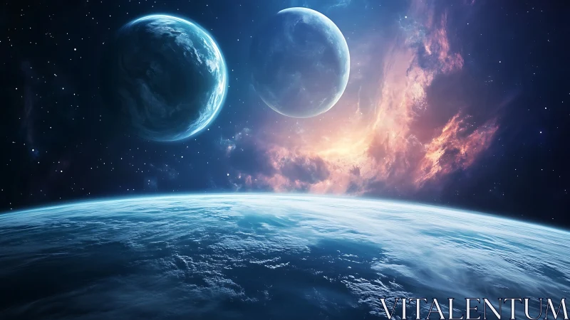Twin planets rise above blue world under radiant nebula glow