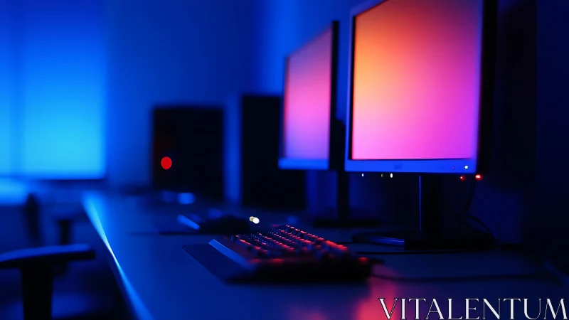 Neon-lit workstation monitors in low-key blue ambient studio.