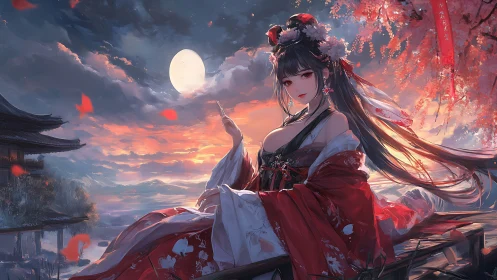 Female figure in red kimono sits beneath full evening moon