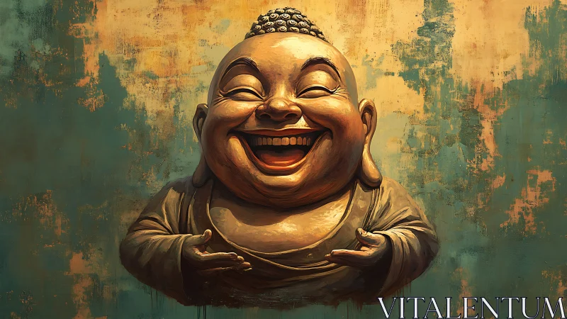 Laughing Buddha bust amid textured teal and ochre wall.