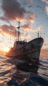 Photorealistic trawler at sunset with dynamic low-angle composition.