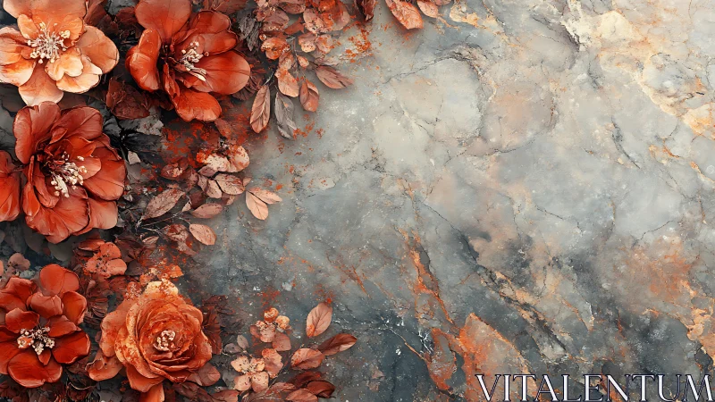 Rust-toned florals border textured stone surface in profile