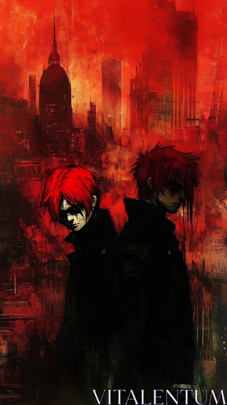 Red dystopian twins against burning futurist cityscape.
