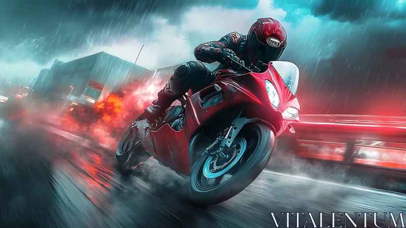 Motorcyclist in red suit riding sport bike on wet urban road.