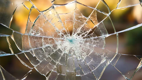 Spiderweb shatter halo over soft sunset blur of color.