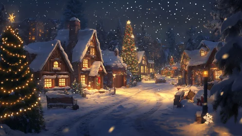 Snowy Christmas village street with glowing cottages at night.