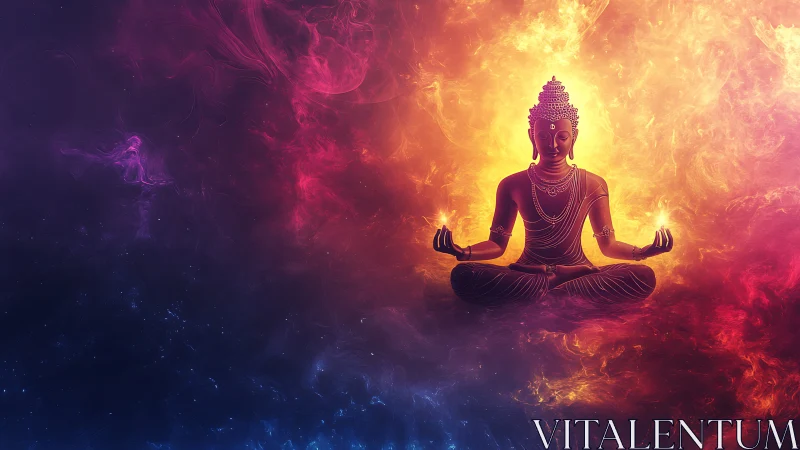 Radiant cosmic Buddha meditates in swirling nebulae of light.