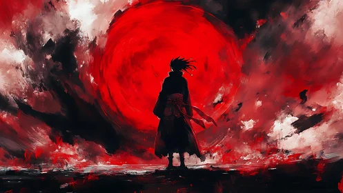 Lone warrior gazes into a blazing crimson storm sky