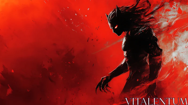 Silhouetted demonic figure strides through abstract crimson haze