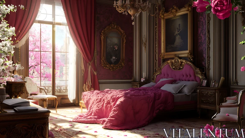 Rose-drenched royal bedroom basking in enchanted morning light.
