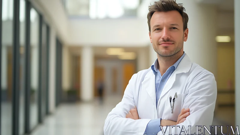 Clinician in white coat stands in bright hospital corridor interior