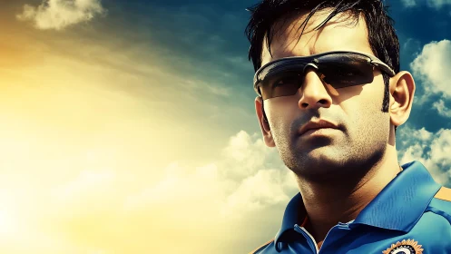 Cricket player portrait under bright sky background.
