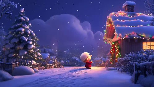 Snow-covered village street with illuminated house facade.