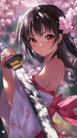 Sakura-lit katana maiden in high-contrast anime rendering.