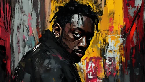 Moody portrait emerges from bold abstract street colors.