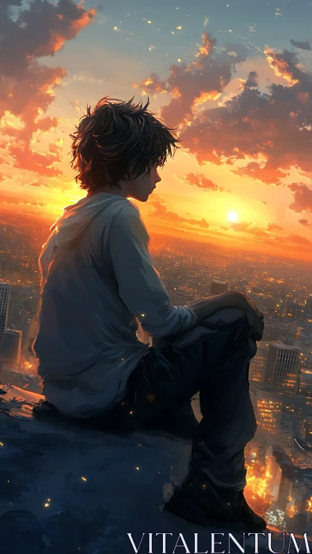 Teen sits on city rooftop watching bright sunset sky.