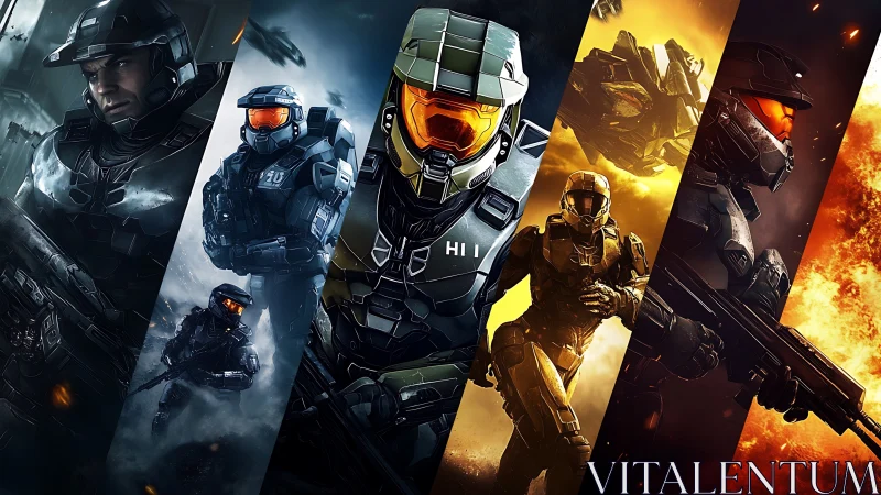 Armored sci fi soldiers in segmented battlefield montage.