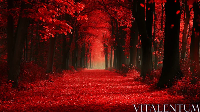 Red-Filtered Forest Pathway Creates Monochromatic Atmospheric Corridor