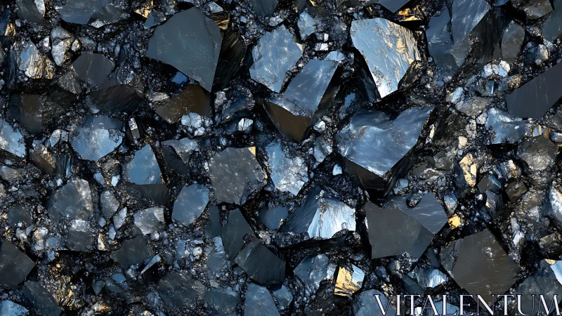 Fractured metallic crystals form dense, reflective mineral texture