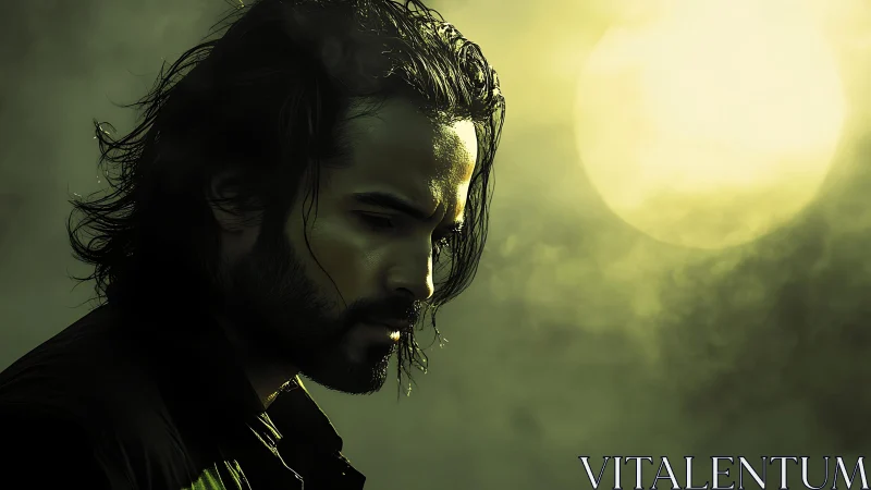 Brooding moonlit drifter in cinematic green misted night.