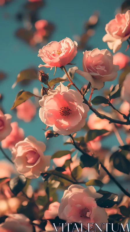 Soft pink blooms against turquoise sky.