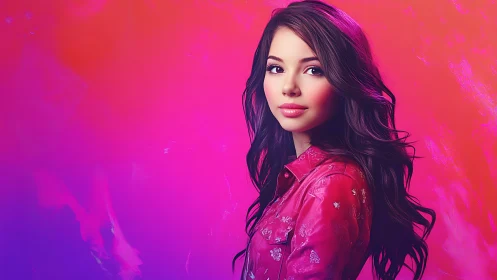 Digital portrait depicts woman against gradient magenta backdrop