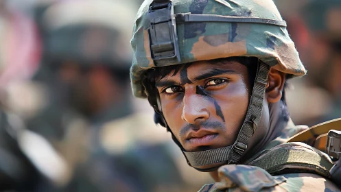 Close portrait of camouflage soldier in combat helmet gear.