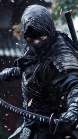 Photorealistic ninja warrior in dynamic rain-soaked close-up framing.