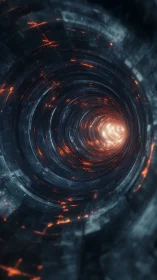 Futuristic metallic tunnel with glowing orange embers.