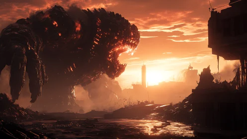 Volcanic kaiju entity crossing a sun-flared urban ruin.