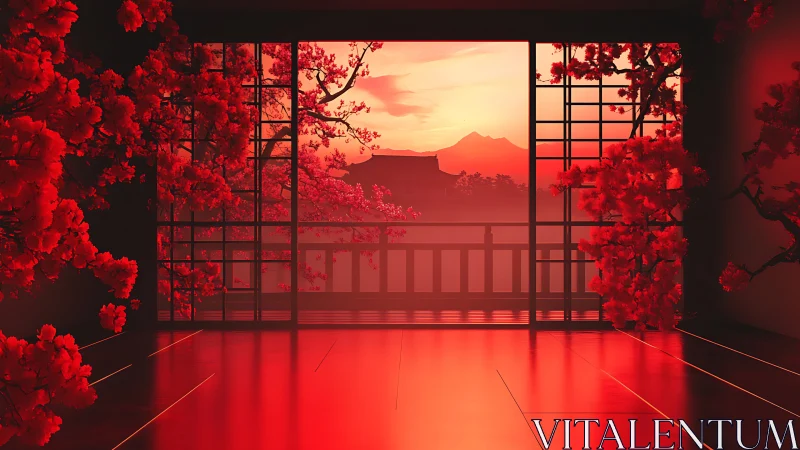 Sunlit cherry veranda glowing in a warm crimson hush.