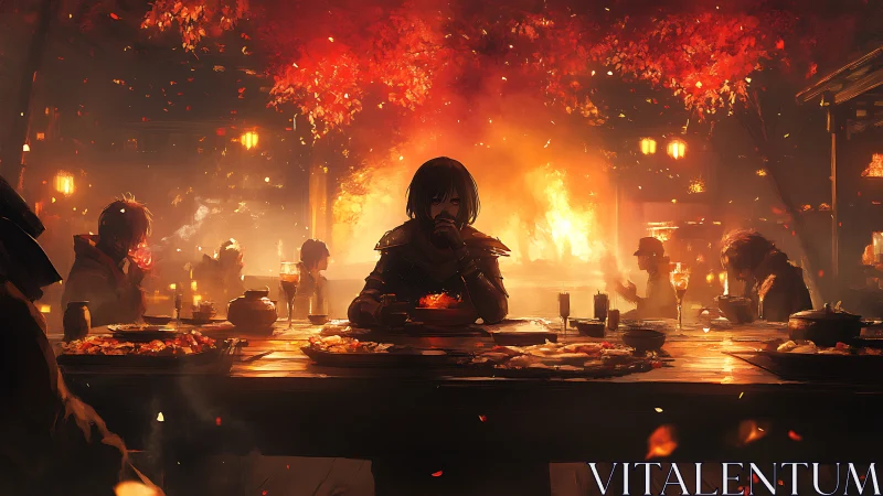 Incandescent banquet before infernal courtyard conflagration.