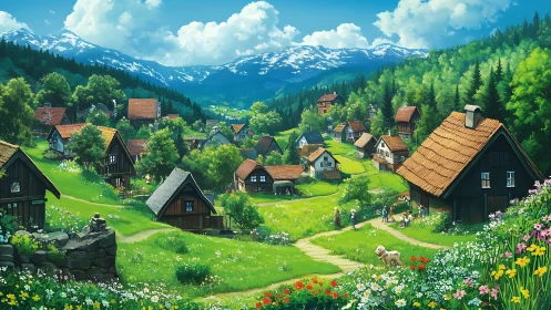 Sunny mountain village path winding through cozy cottages.