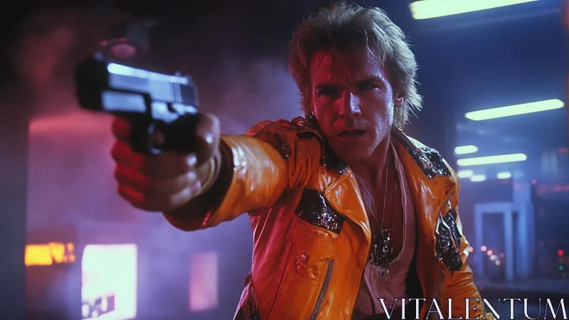 Neon-soaked gunman in yellow jacket confronts unseen target.