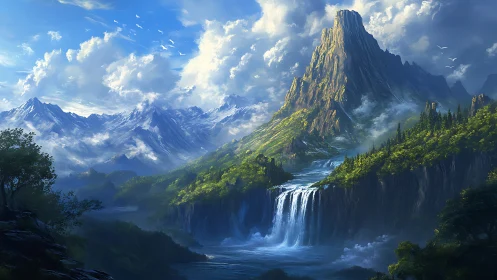 Epic alpine massif with tiered waterfalls and luminous clouds