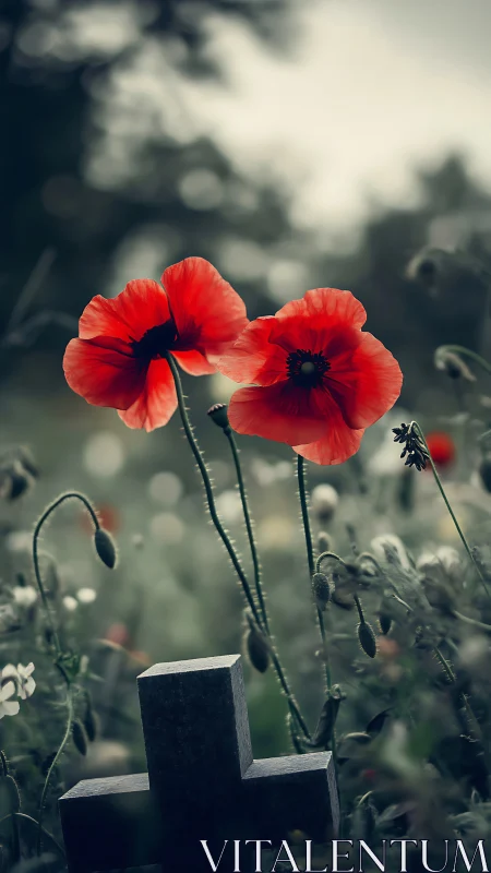 Red Poppies with Stone Cross in Defocused Landscape