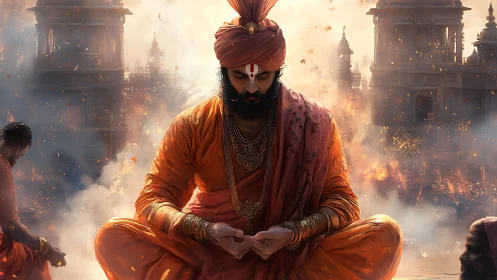 Meditative warrior-priest amid incendiary temple skyline.