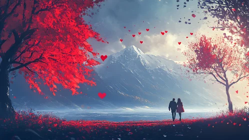 Couple beneath red-leafed trees gazes at snow-capped mountain.