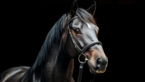 Graceful black horse with gentle eyes and polished bridle.