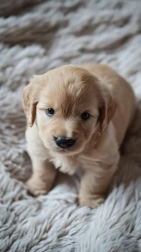 Golden retriever puppy sitting on soft white blanket.