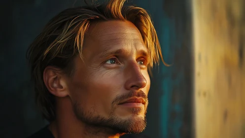 Contemplative male portrait in cinematic golden side light.