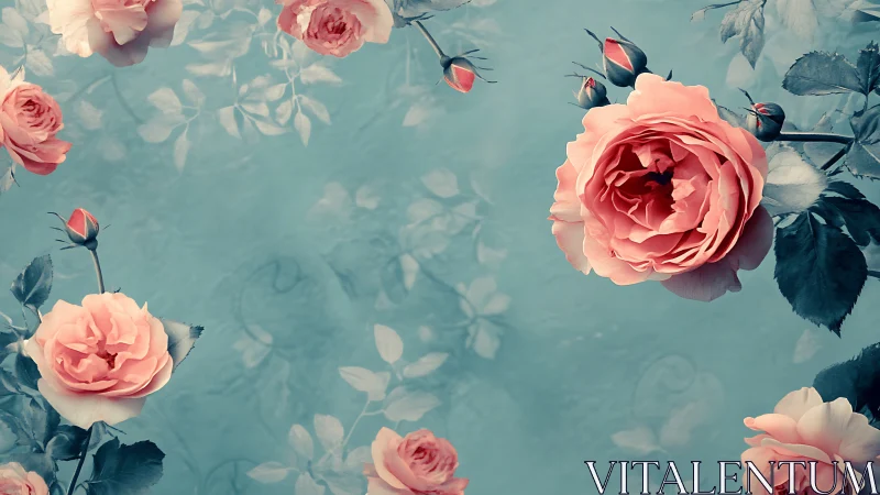 Pink Roses Against Turquoise Sky with Garden Shadows.
