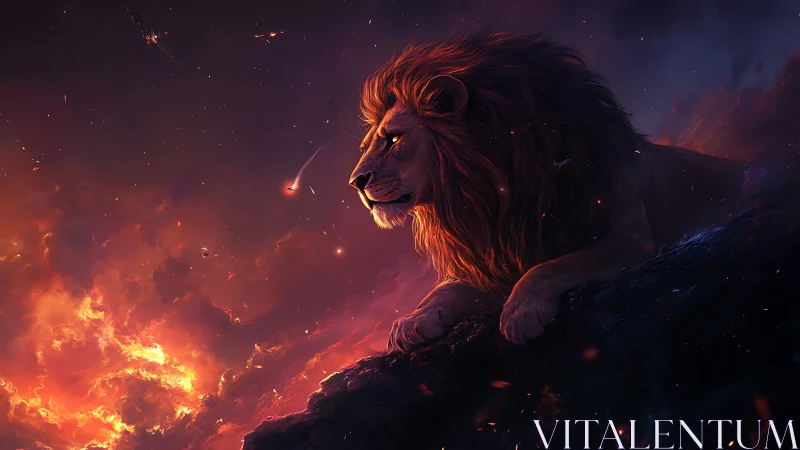 Luminous lion profile rendered against nebular firestorm sky
