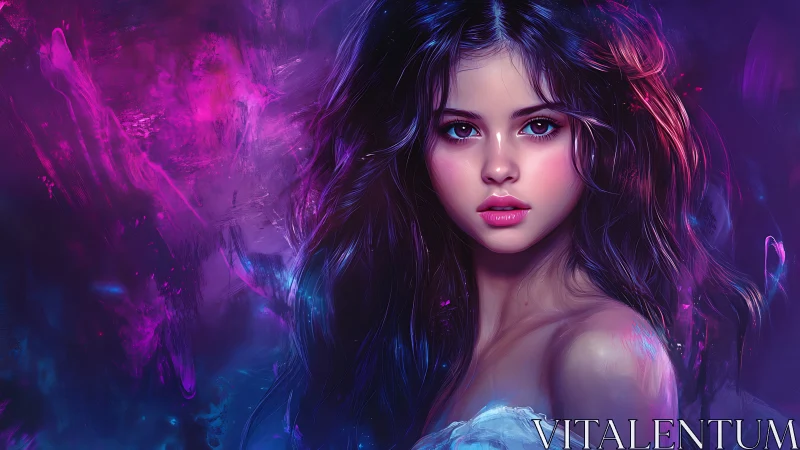 Nebula-kissed girl gazes through electric violet starlight.