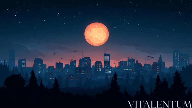 Digital painting skyline under oversized lunar dusk glow.