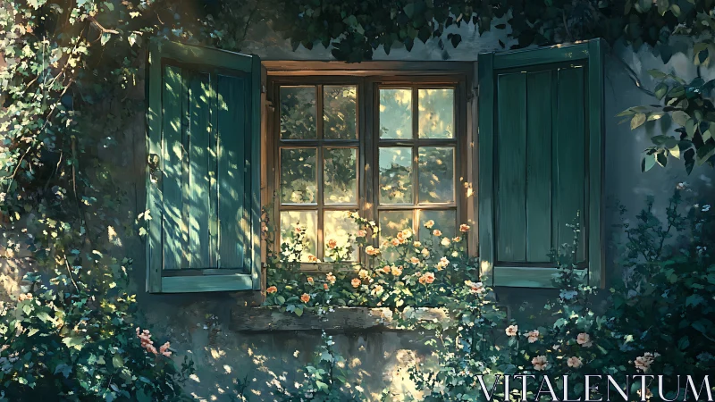 Sunlit cottage window with teal shutters and climbing roses