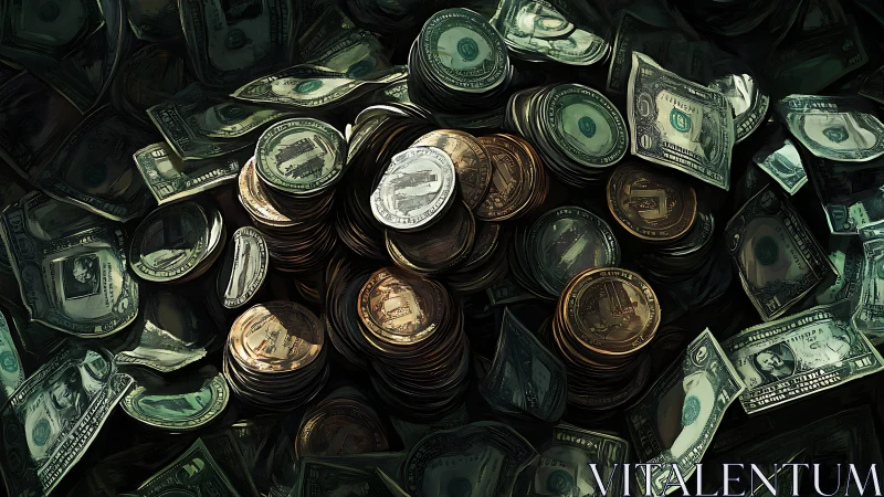 Gleaming coins and crumpled dollars in painterly chaos.