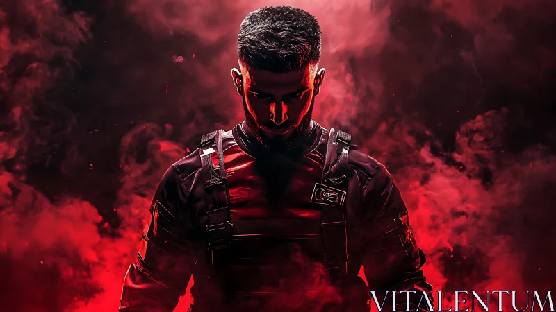 Armored male figure in red illuminated smoke environment.