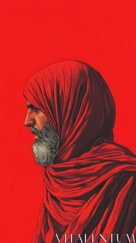 Profile portrait of hooded man in red against bold red